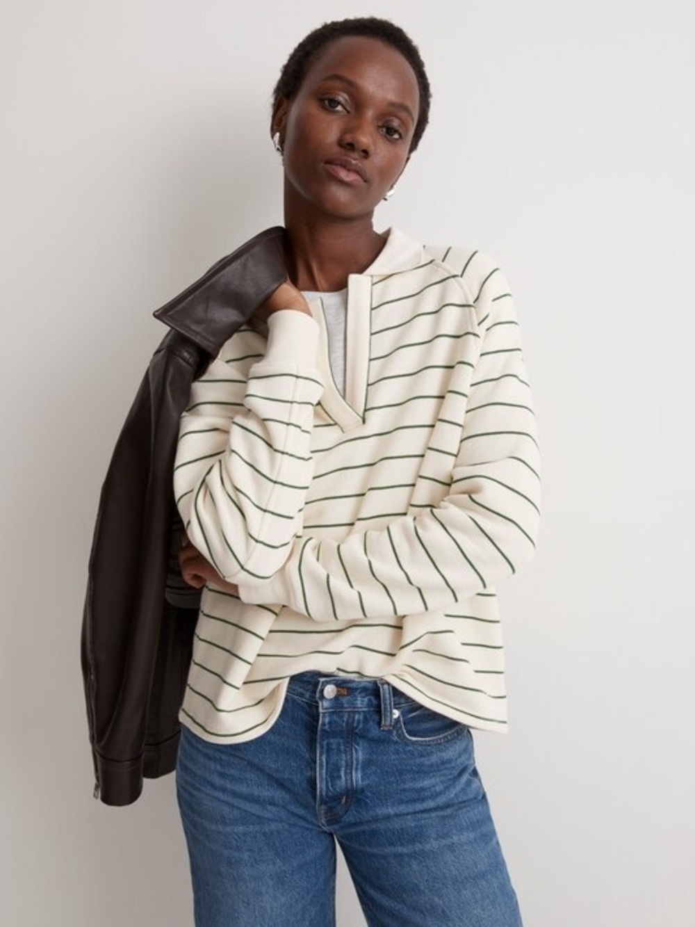 Madewell Betterterry Striped Polo Sweatshirt Size XS Preppy Coastal Academia